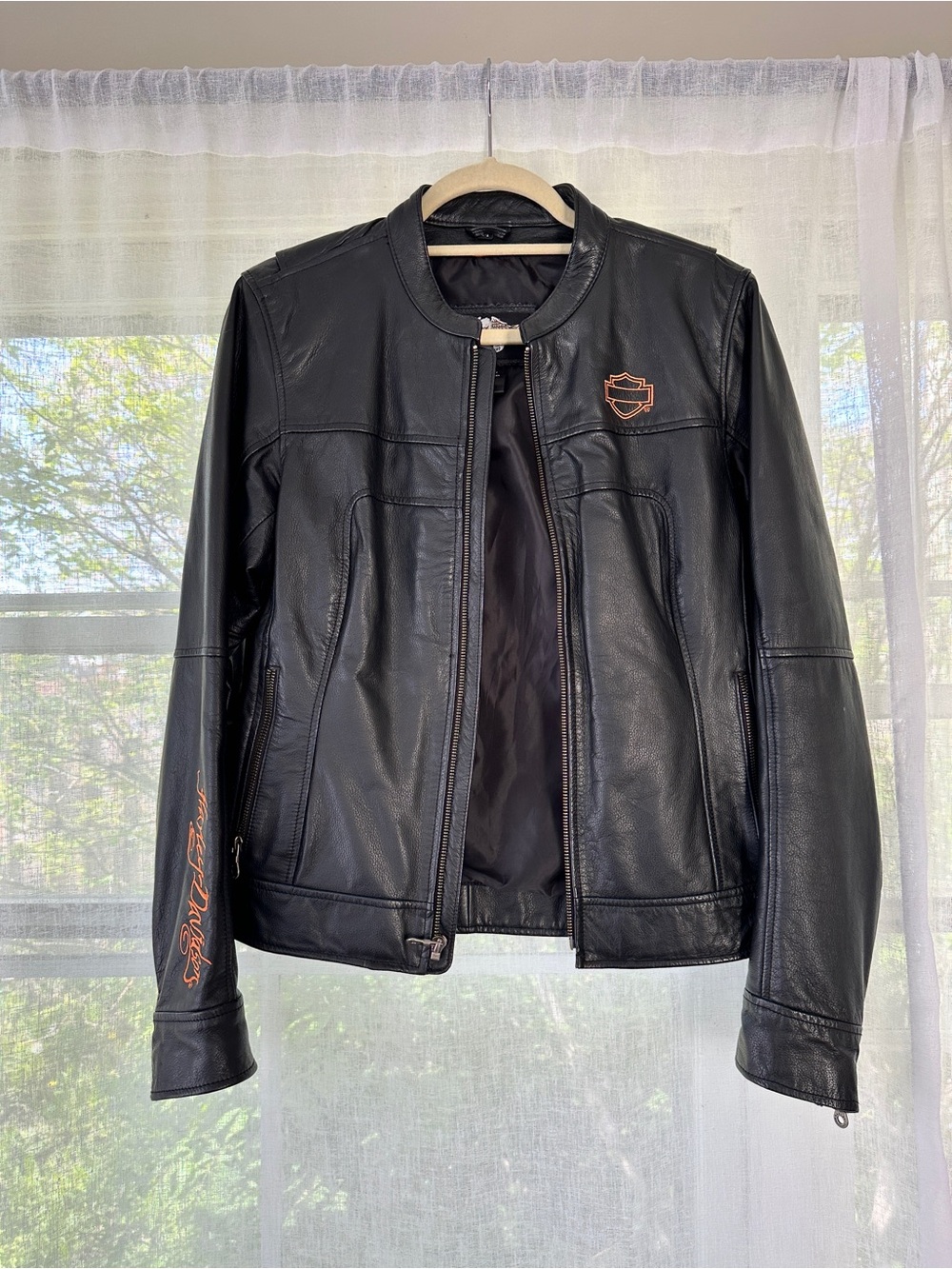 Harley-Davidson Women's Black Leather Jacket with Orange Logo Accents